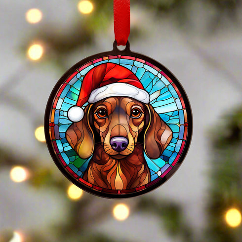 Dachshund Red in Santa Hat Suncatcher Decoration